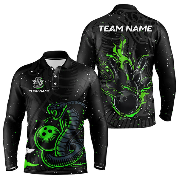 Black and Green Cobra Snake Bowling Polo, Quarter Zip Shirts For Men Custom Name Bowling Team Shirts NQS9655