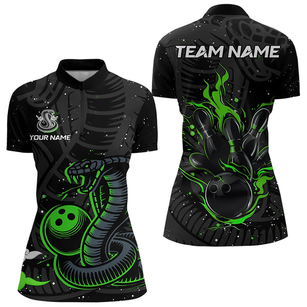 Black and Green Cobra Snake Bowling Polo, Quarter Zip Shirts For Women Custom Name Bowling Team Shirts NQS9655