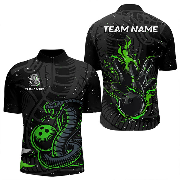 Black and Green Cobra Snake Bowling Polo, Quarter Zip Shirts For Men Custom Name Bowling Team Shirts NQS9655