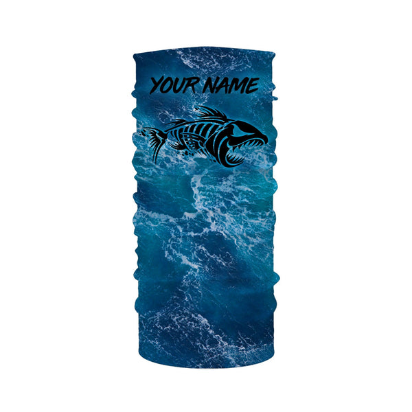 Custom blue ocean fish bone Saltwater Long sleeve Fishing Shirts UV Protection, Sea wave camo Fishing Shirts - NQS2079