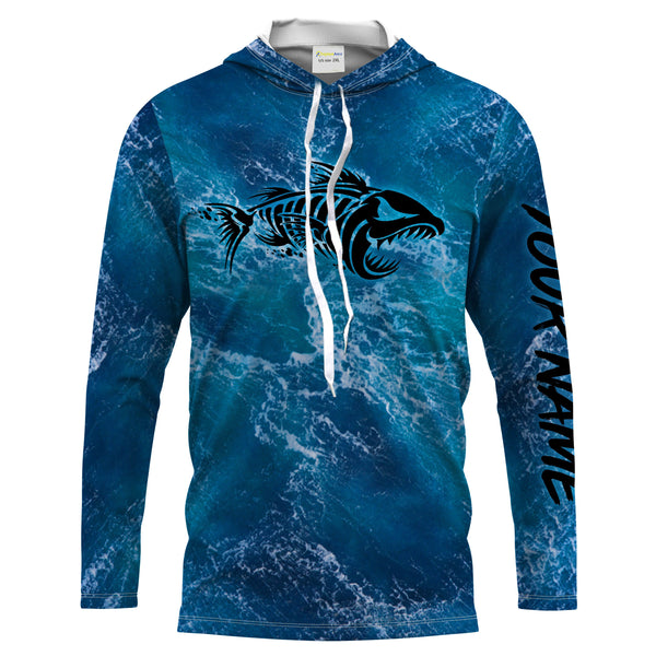 Custom blue ocean fish bone Saltwater Long sleeve Fishing Shirts UV Protection, Sea wave camo Fishing Shirts - NQS2079
