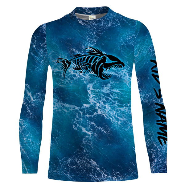 Custom blue ocean fish bone Saltwater Long sleeve Fishing Shirts UV Protection, Sea wave camo Fishing Shirts - NQS2079