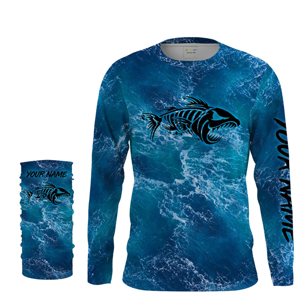 Custom blue ocean fish bone Saltwater Long sleeve Fishing Shirts UV Protection, Sea wave camo Fishing Shirts - NQS2079