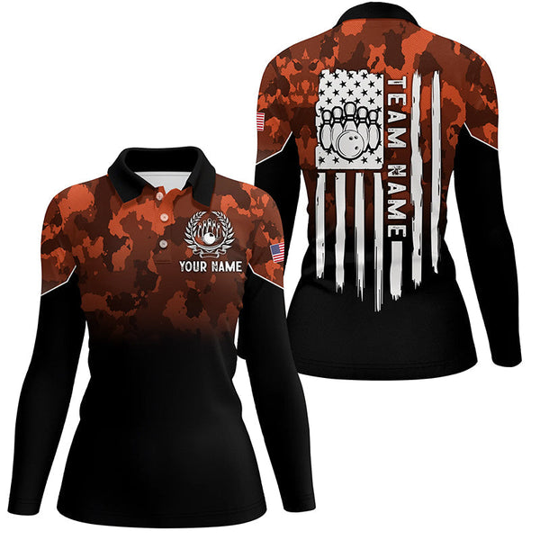 Womens bowling Polo, Quarter zip shirt Custom Orange camo American flag patriotic bowling team jerseys NQS8209
