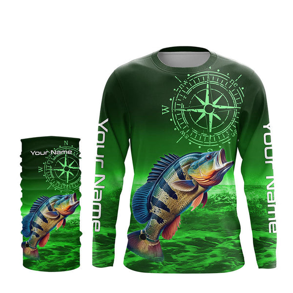 Personalized Peacock Bass Green Long Sleeve Performance Fishing Shirts, Bass compass tournament Shirts NQS6334