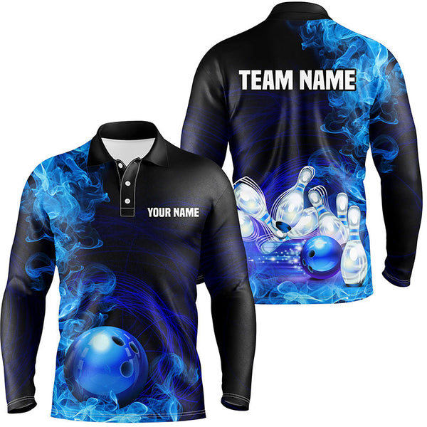Blue Flame Fire Bowling Polo, Quarter Zip Shirt For Men Custom team bowling jerseys, Gift for Bowlers NQS8447