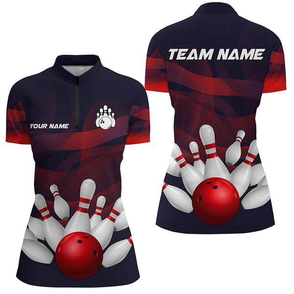 Custom Purple and Red Gradient Bowling Polo, 1/4 Zip Shirt For Women, Personalized Bowling Team Jersey NQS8897