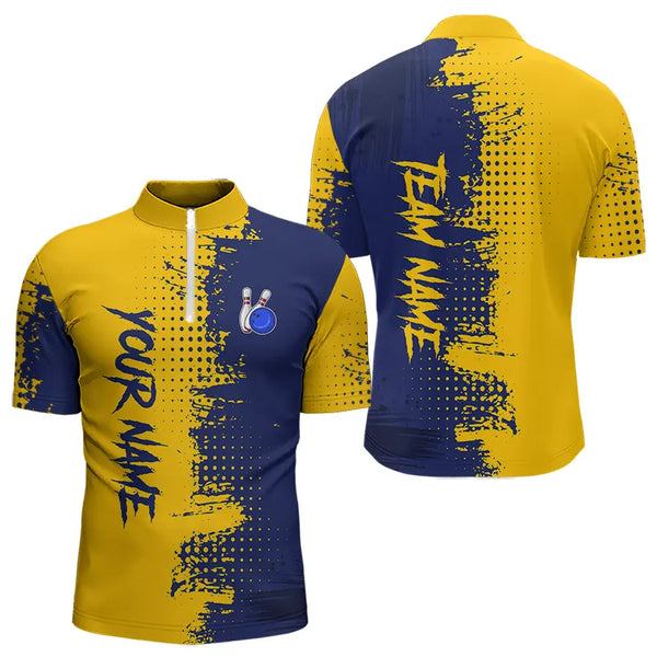Blue and Yellow Bowling Polo, Quarter Zip shirts for Men Custom Bowling Team Jerseys NQS9354