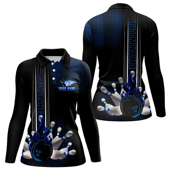 Personalized Black and Blue Flame Bowling Polo, Quarter Zip Shirt For Women Custom Bowling Team Jersey NQS9497