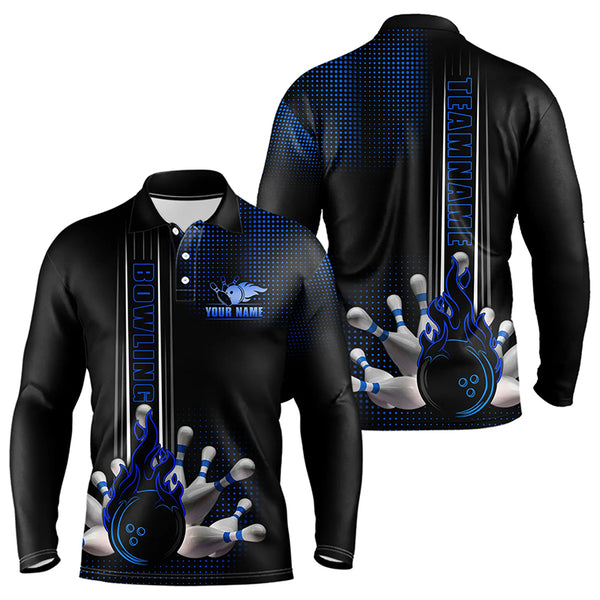 Personalized Black and Blue Flame Bowling Polo, Quarter Zip Shirts For Men Custom Bowling Team Jerseys NQS9497