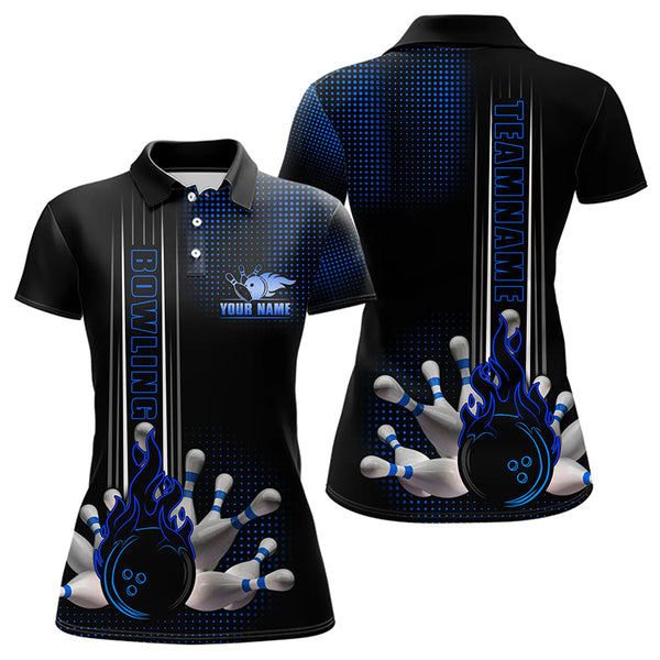 Personalized Black and Blue Flame Bowling Polo, Quarter Zip Shirt For Women Custom Bowling Team Jersey NQS9497