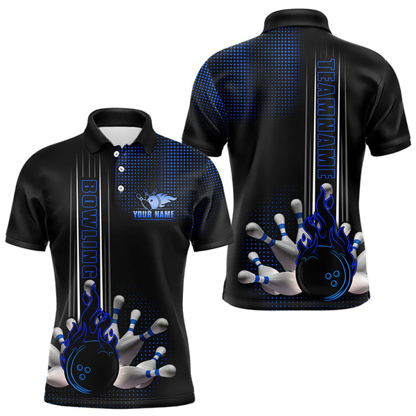 Personalized Black and Blue Flame Bowling Polo, Quarter Zip Shirts For Men Custom Bowling Team Jerseys NQS9497