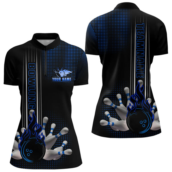 Personalized Black and Blue Flame Bowling Polo, Quarter Zip Shirt For Women Custom Bowling Team Jersey NQS9497