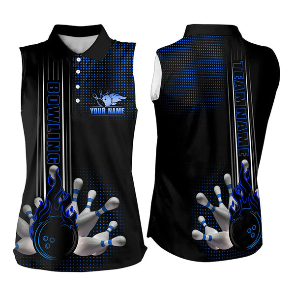 Personalized Black and Blue Flame Bowling Sleeveless Polo Shirt For Women Custom Bowling Team Jersey NQS9497