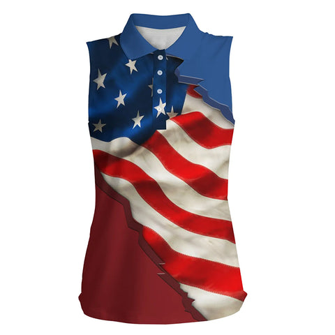 Vintage American flag Womens sleeveless polo shirts, patriotic golf gift for ladies NQS7273