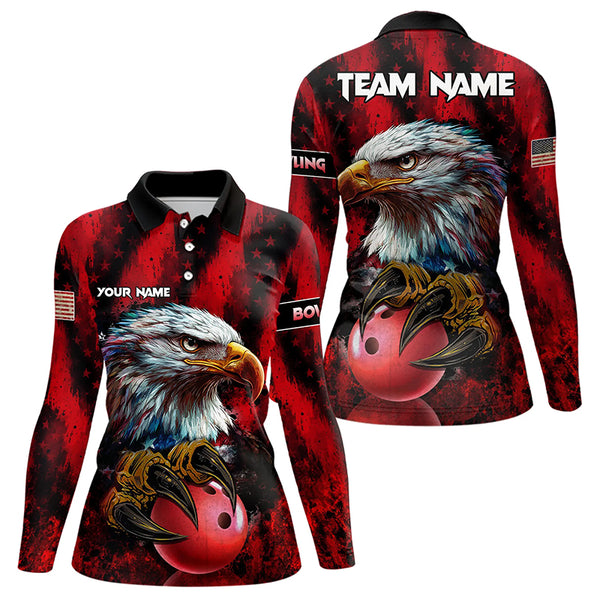 American Flag Eagle Bowling Polo, 1/4 Zip Shirts For Women Custom Name Patriotic Bowling Team Jersey NQS9660