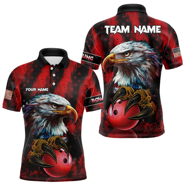 American Flag Eagle Bowling Polo, Quarter Zip Shirts For Men Custom Name Patriotic Bowling Team Jersey NQS9660