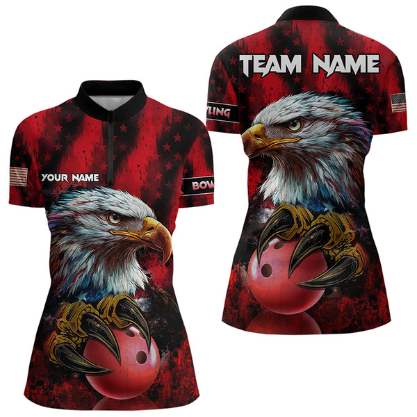 American Flag Eagle Bowling Polo, 1/4 Zip Shirts For Women Custom Name Patriotic Bowling Team Jersey NQS9660