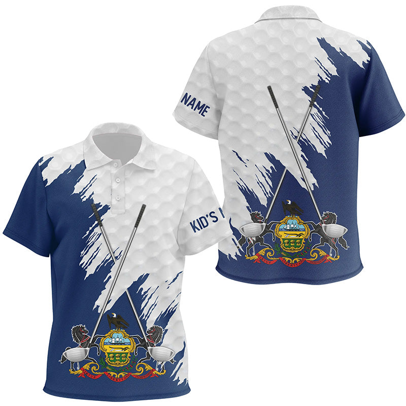 Pennsylvania flag golf clubs patriotic custom name white Kid golf polos shirt, team golf tops for kid NQS7604