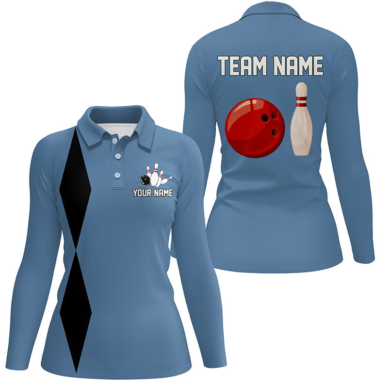 Personalized Retro Bowling Polo, Quarter Zip Shirts For Women custom vintage bowling team jersey| Blue NQS7803