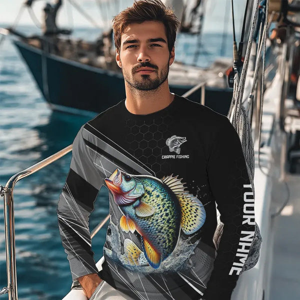 Personalized Black camo Crappie Fishing Jerseys, Crappie Long Sleeve Fishing Tournament Shirts NQS8448