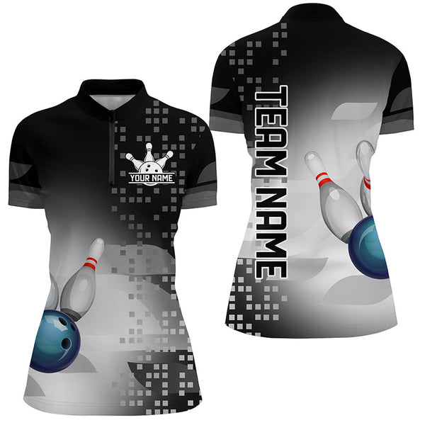 Black and White Bowling Polo, Quarter Zip Shirt For Women Custom team bowling jersey, Gift for Bowlers NQS8450