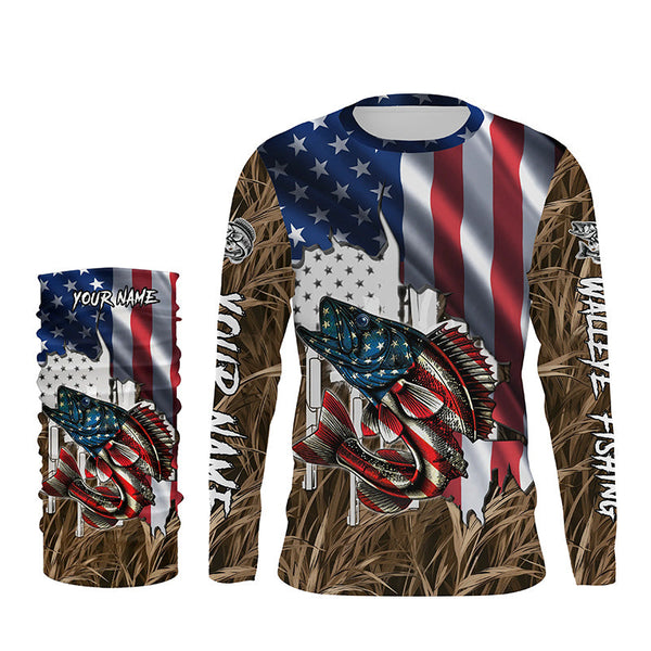 American flag patriot Walleye camo fishing, custom mens long sleeve sun protection fishing apparel NQS4109