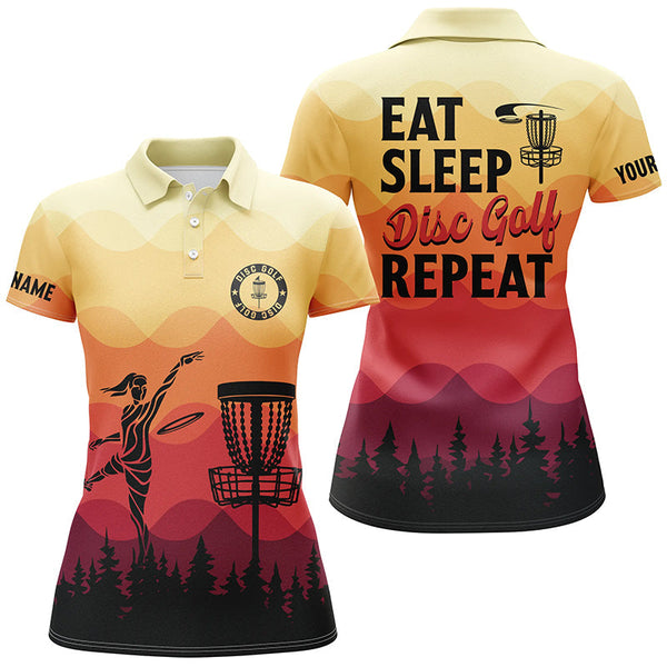 Sunset pattern Women Disc golf polo shirt custom Eat sleep Disc golf repeat jersey, disc golf shirt NQS6826