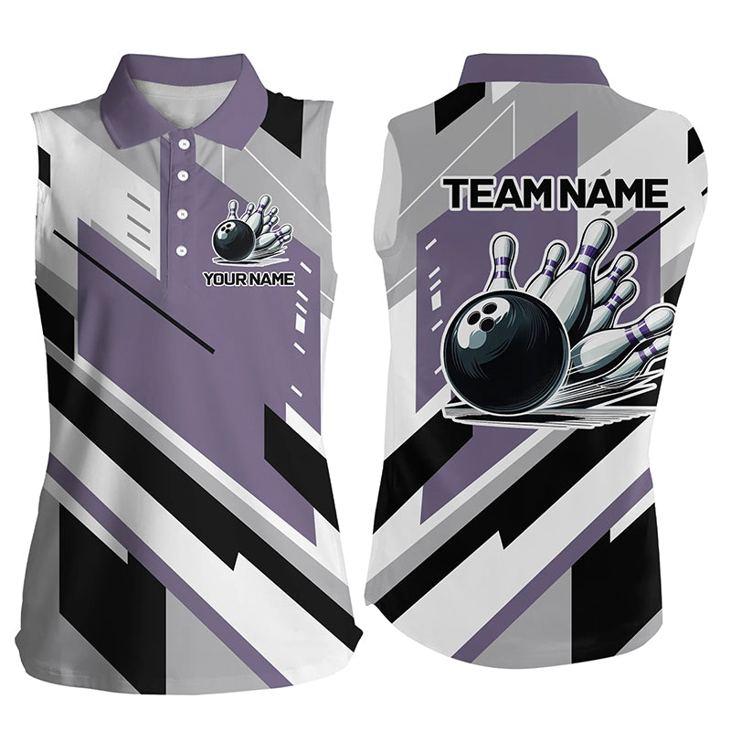 Personalized Bowling Sleeveless Polo Shirts For Women, Team Bowling Jerseys Bowling Pins | Purple NQS8912