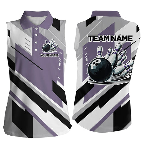 Personalized Bowling Sleeveless Polo Shirts For Women, Team Bowling Jerseys Bowling Pins | Purple NQS8912