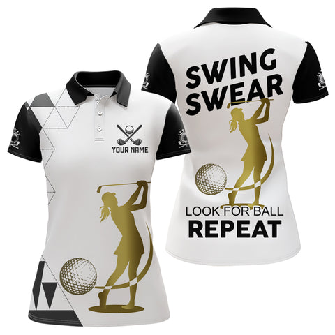 Black and White Womens Golf Polo Shirts custom Swing, swear, look for ball repeat golf tops for women NQS9158