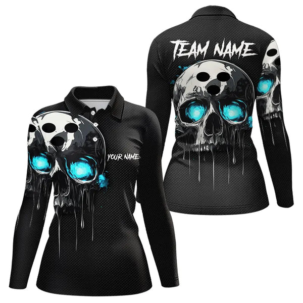 Black and Blue Skull Women's Bowling Polo, Quarter Zip shirts Custom Skull Team Bowling Jersey NQS9361