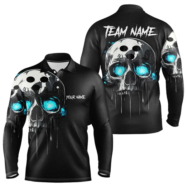 Black and Blue Skull Men's Bowling Polo, Quarter Zip shirts Custom Skull Team Bowling Jersey NQS9361