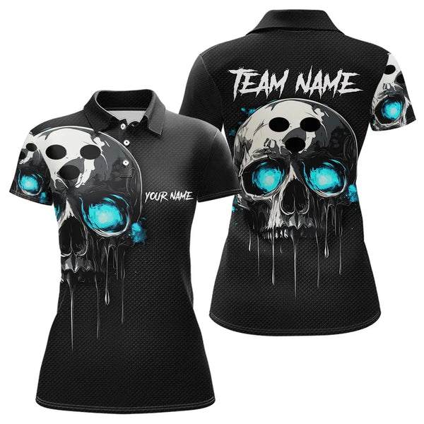 Black and Blue Skull Women's Bowling Polo, Quarter Zip shirts Custom Skull Team Bowling Jersey NQS9361