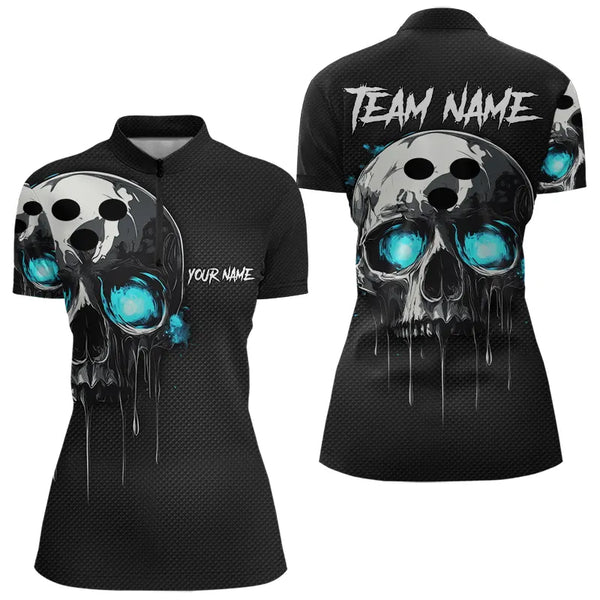 Black and Blue Skull Women's Bowling Polo, Quarter Zip shirts Custom Skull Team Bowling Jersey NQS9361