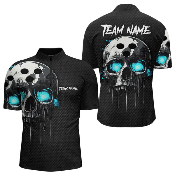 Black and Blue Skull Men's Bowling Polo, Quarter Zip shirts Custom Skull Team Bowling Jersey NQS9361