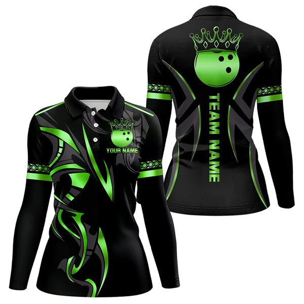 Black and Green crown Bowling ball Polo, Quarter Zip Shirts for Women Custom Bowling Team jerseys NQS9502