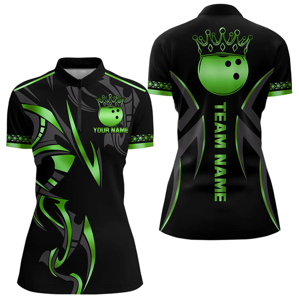 Black and Green crown Bowling ball Polo, Quarter Zip Shirts for Women Custom Bowling Team jerseys NQS9502