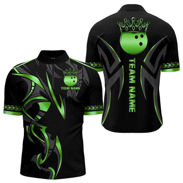 Black and Green crown Bowling ball Polo, Quarter Zip Shirts for Men Custom Bowling Team jerseys NQS9502