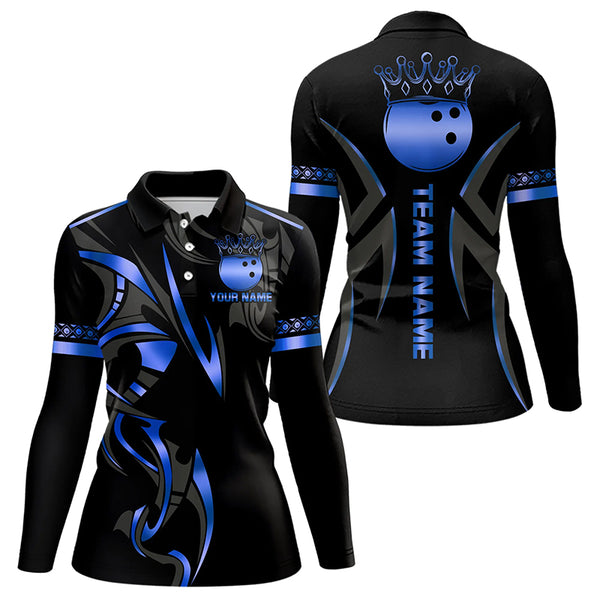 Black and Blue crown Bowling ball Polo, Quarter Zip Shirts for Women Custom Bowling Team jerseys NQS9503