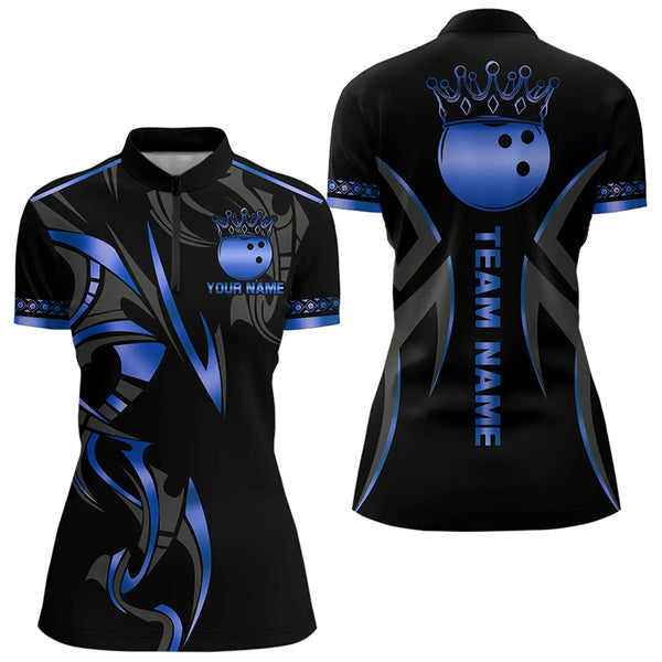 Black and Blue crown Bowling ball Polo, Quarter Zip Shirts for Women Custom Bowling Team jerseys NQS9503