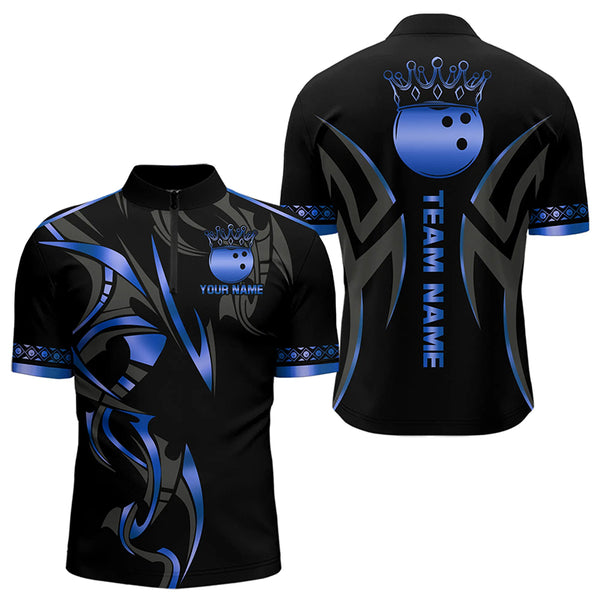 Black and Blue crown Bowling ball Polo, Quarter Zip Shirts for Men Custom Bowling Team jerseys NQS9503