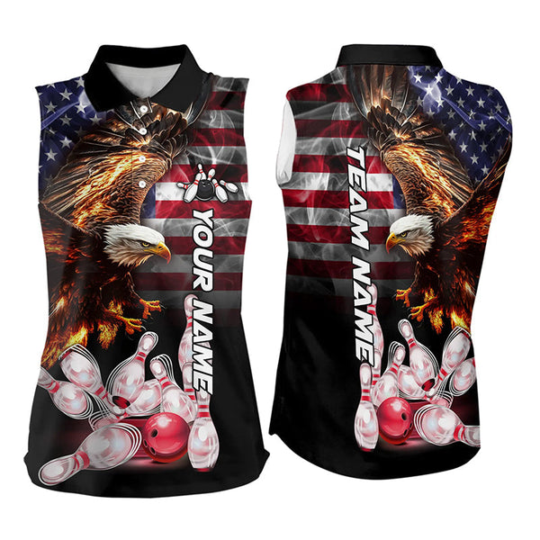 Smoke American Flag Eagle Flame Bowling Sleeveless Polo Shirt Custom patriotic Team Bowling jerseys NQS9504