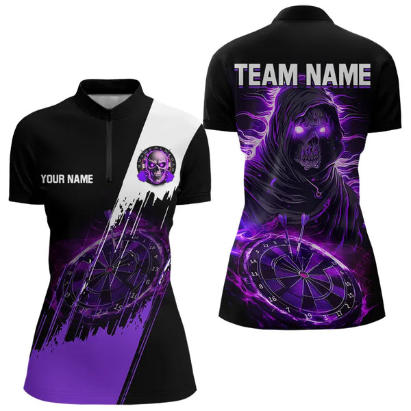 Black and Purple Skull reaper Dart jerseys Polo, 1/4 Zip Shirt for Women Custom Darts Team shirts NQS9509