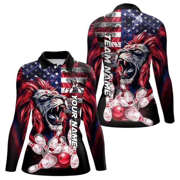 Smoke American Flag Lion Bowling Polo, 1/4 Zip Shirts for Women Custom patriotic Team Bowling jerseys NQS9670