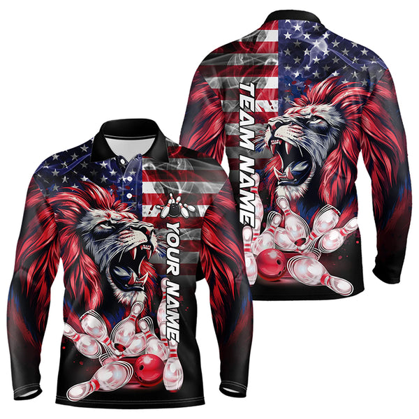 Smoke American Flag Lion Bowling Polo, 1/4 Zip Shirts for Men Custom patriotic Team Bowling jerseys NQS9670