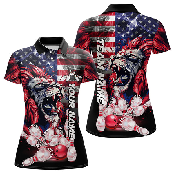 Smoke American Flag Lion Bowling Polo, 1/4 Zip Shirts for Women Custom patriotic Team Bowling jerseys NQS9670