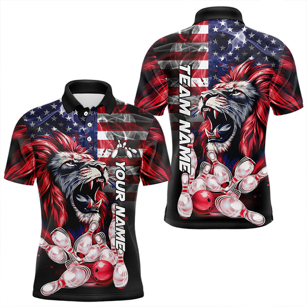 Smoke American Flag Lion Bowling Polo, 1/4 Zip Shirts for Men Custom patriotic Team Bowling jerseys NQS9670