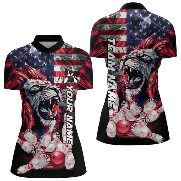 Smoke American Flag Lion Bowling Polo, 1/4 Zip Shirts for Women Custom patriotic Team Bowling jerseys NQS9670