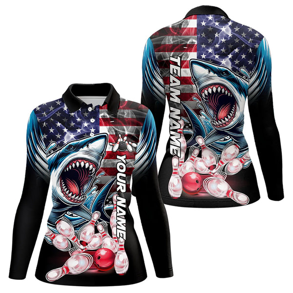 Smoke American Flag Shark Bowling Polo, 1/4 Zip Shirts for Women Custom patriotic Team Bowling jerseys NQS9671